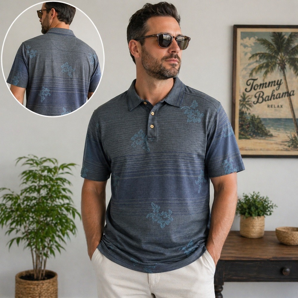 Tommy Bahama Mens XL Silk Cotton Polo Blue Gray Floral Stripe Knit Casual